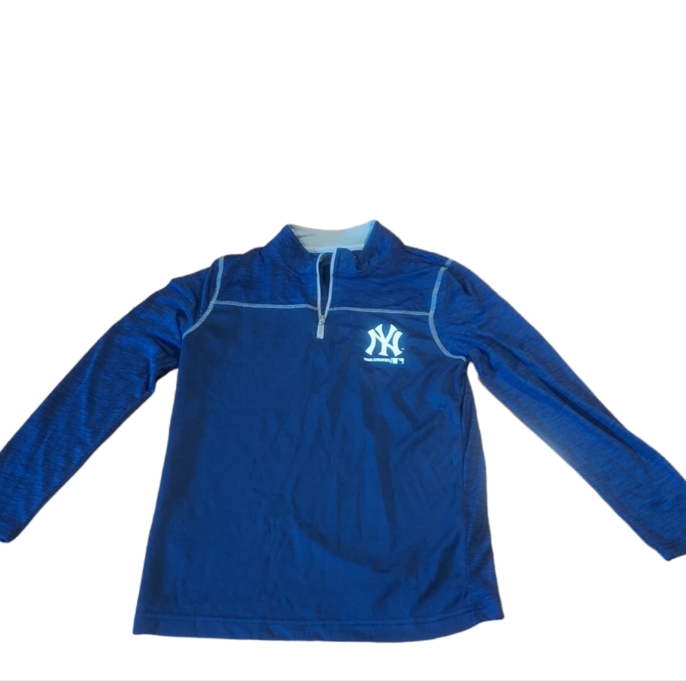 New York Yankees Jersey Large Youth Collared Long Sleeve Blue White Unis…